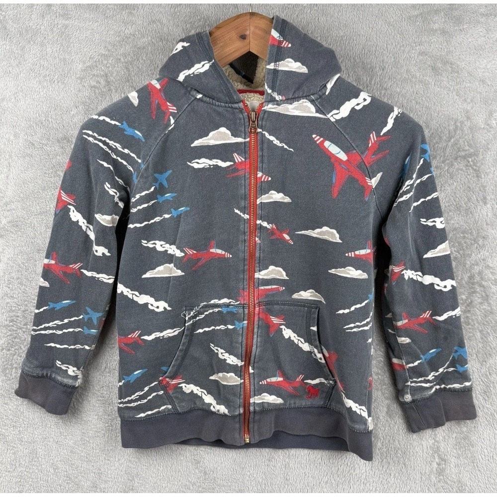 Mini Boden Boys Gray Airplane Sherpa Lined Full Zip Hoodie Sweater Size 9-10Y